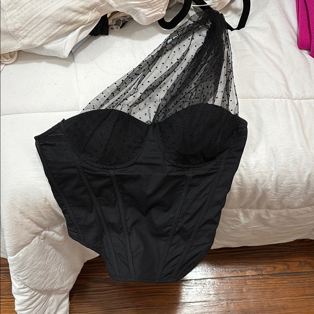 Black Bustier with Sheer Polka Dot Overlay